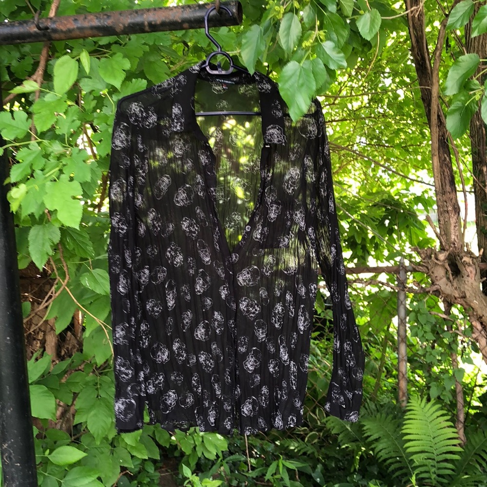 Goth rock and roll sheer button up skull blouse for your inner Keith Richards